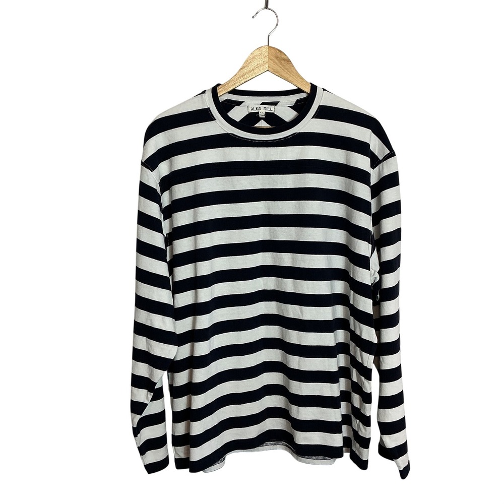 Alex Mill Mens XL Touch Down Stripe Navy White Heavyweight Slouchy Relaxed Tee
